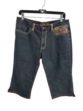 Brighton Blues Denim Bermuda Shorts SZ 10 Embroidered Colorful Pocket Boho Chic